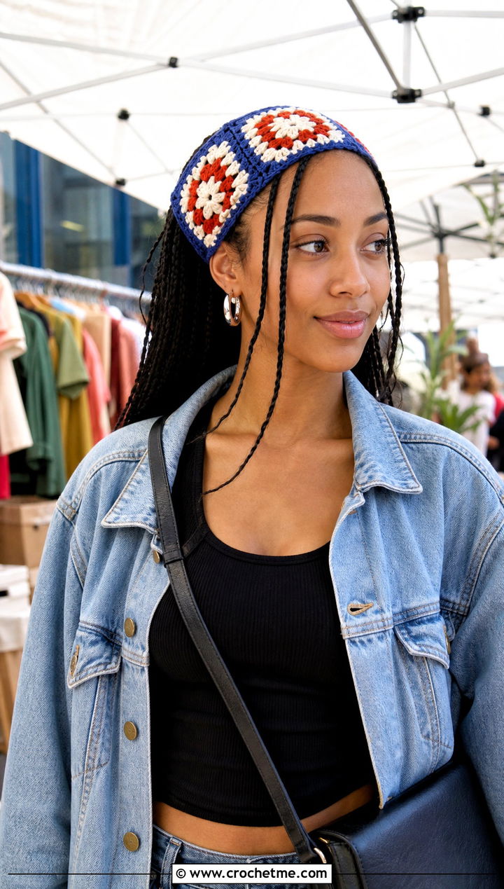 Granny Square Crochet Headband With Denim Jacket - 30 quick crochet headband outfit ideas