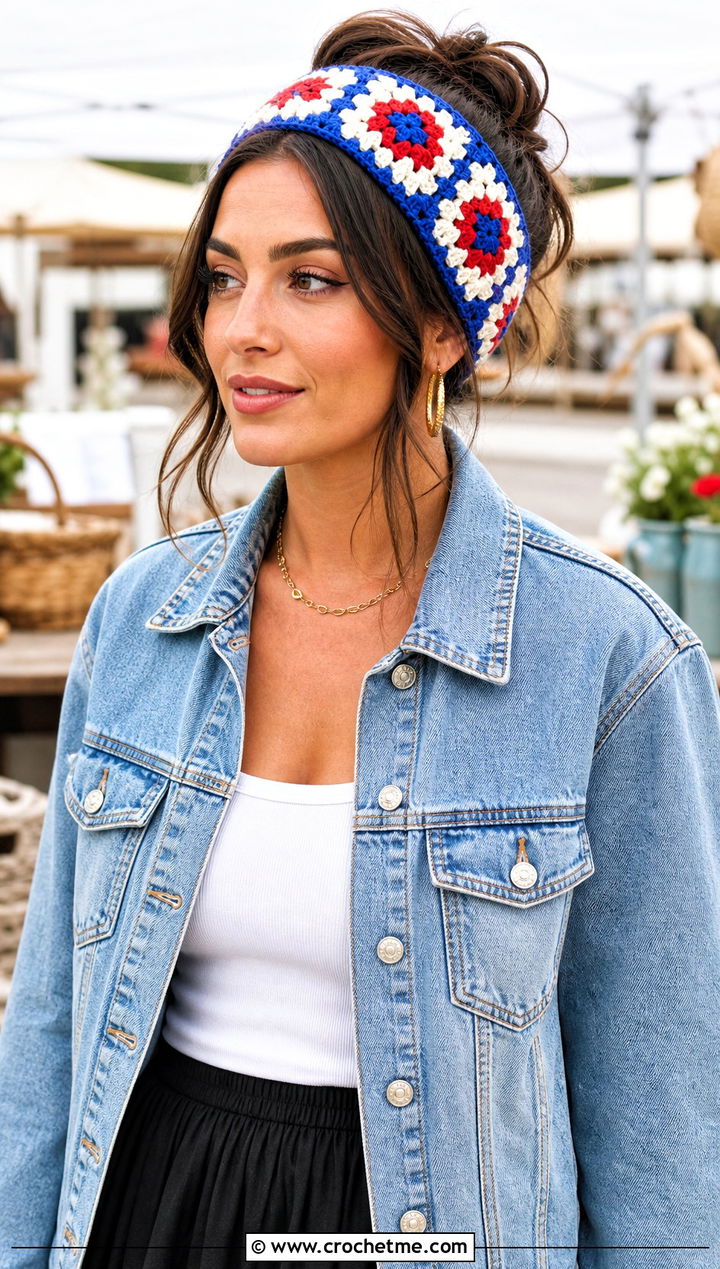 Granny Square Crochet Headband With Denim Jacket - 25 crochet for headbands outfit ideas