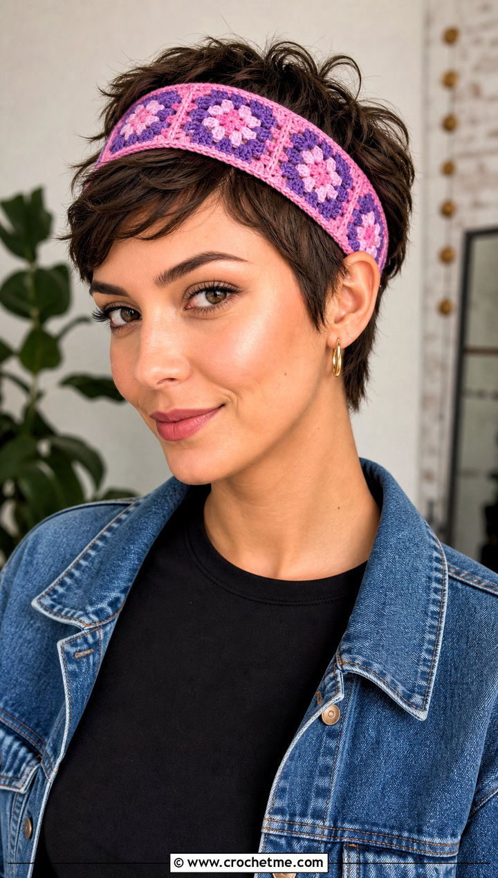 Granny Square Crochet Headband With Denim Jacket - 25 crochet headband for short hair outfit ideas