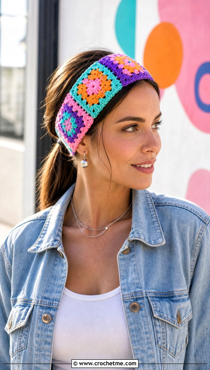 Granny Square Crochet Headband With Denim Jacket - 15 knit or crochet headbands outfit ideas