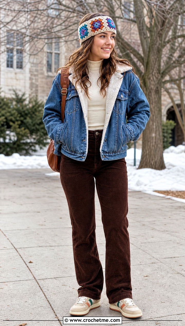 Granny Square Crochet Headband With Denim Jacket And Corduroy Pants - 35 winter crochet headband outfit ideas