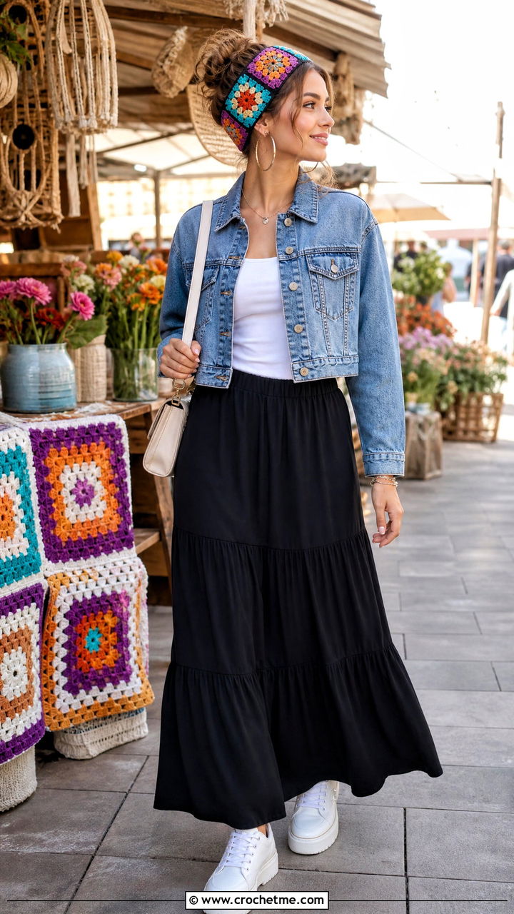 Granny Square Crochet Headband With Denim Jacket And Maxi Skirt - 35 crochet head band outfit ideas