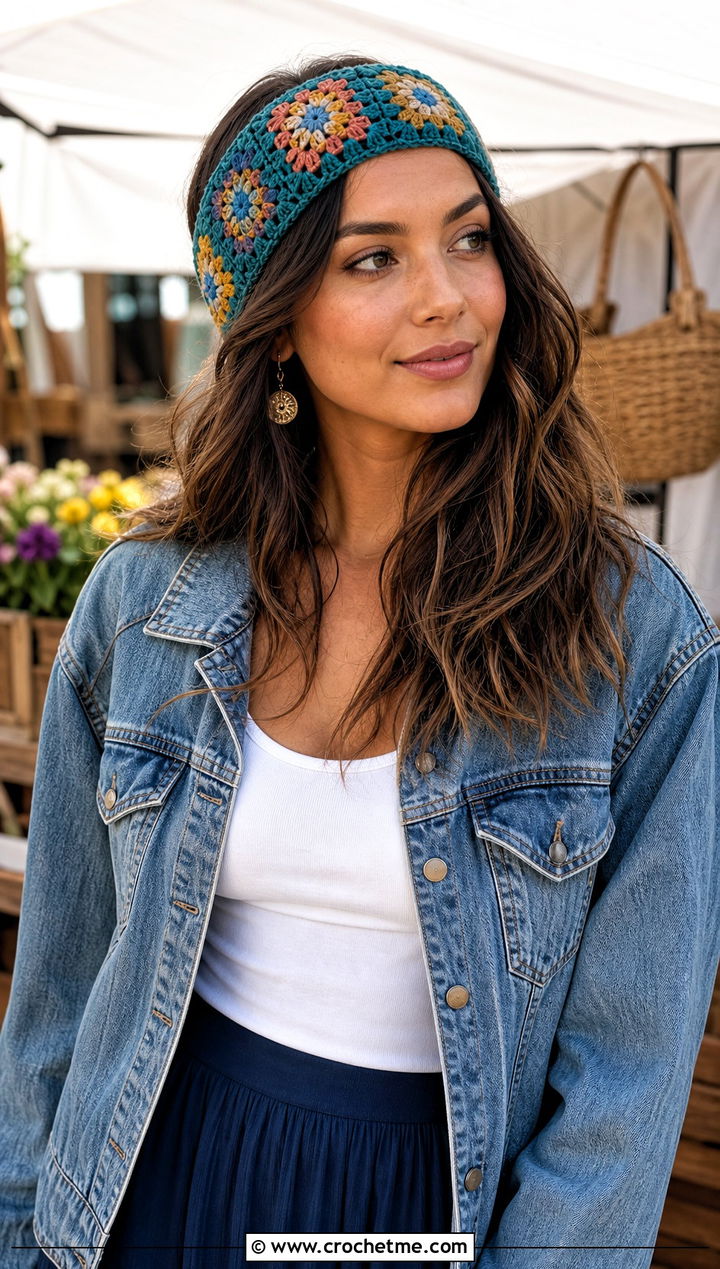 Granny Square Crochet Headband With Denim Jacket And Maxi Skirt - 30 simple crochet head bands outfit ideas