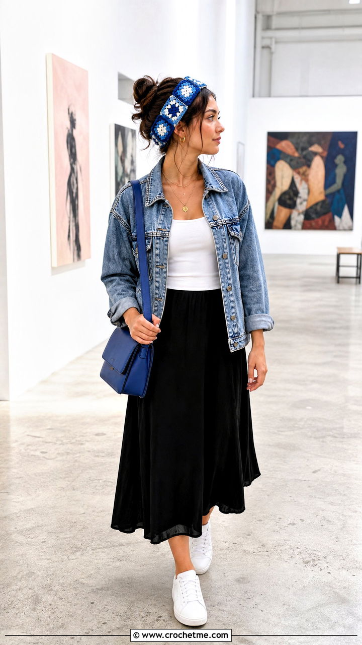 Granny Square Crochet Headband With Denim Jacket And Midi Skirt - 35 easy crochet headband outfit ideas