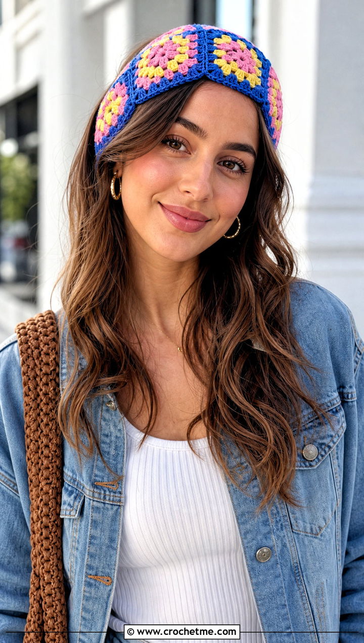Granny Square Crochet Headband With Denim Jacket - 30 boho crochet headband outfit ideas