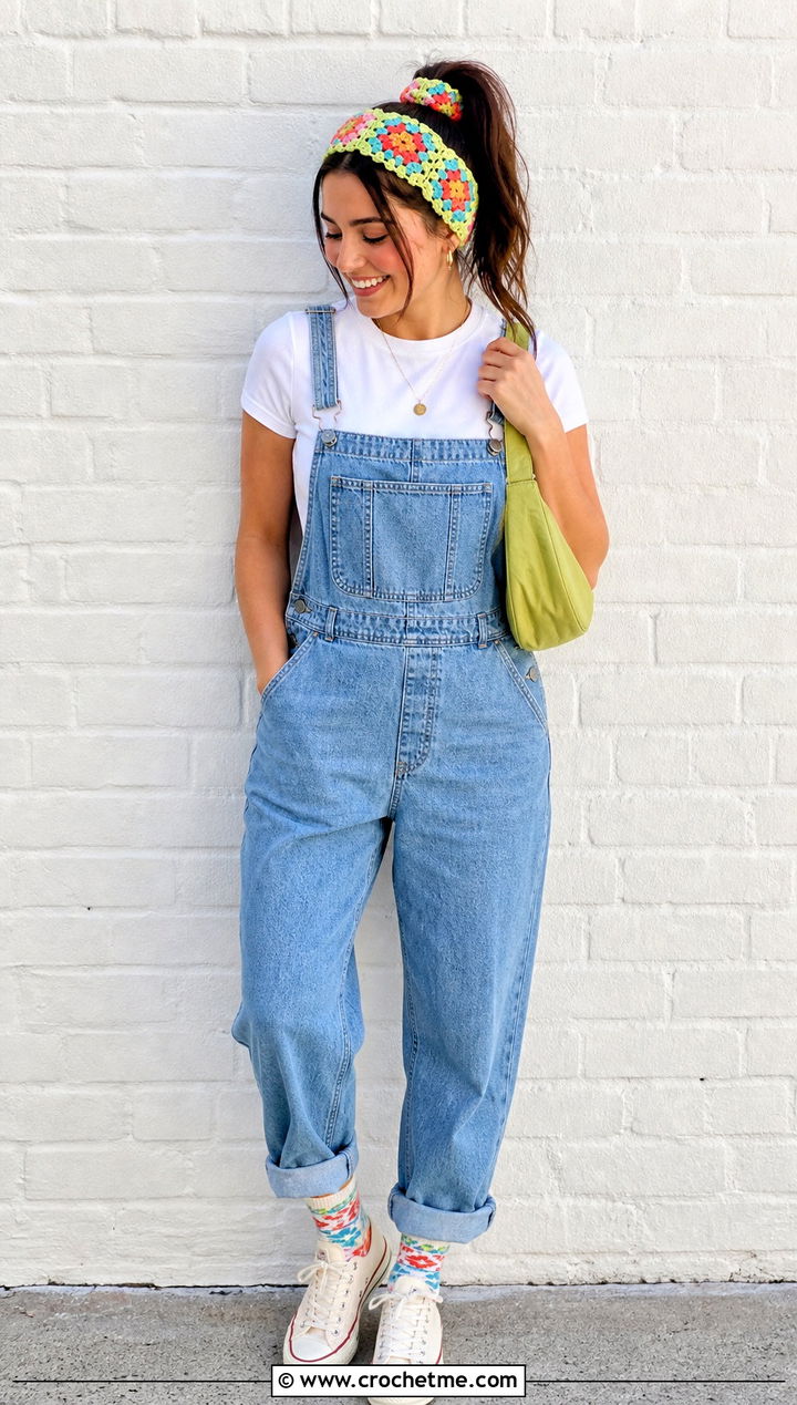 Granny Square Crochet Headband With Denim Overalls - 35 crochet headband with hair tie outfit ideas