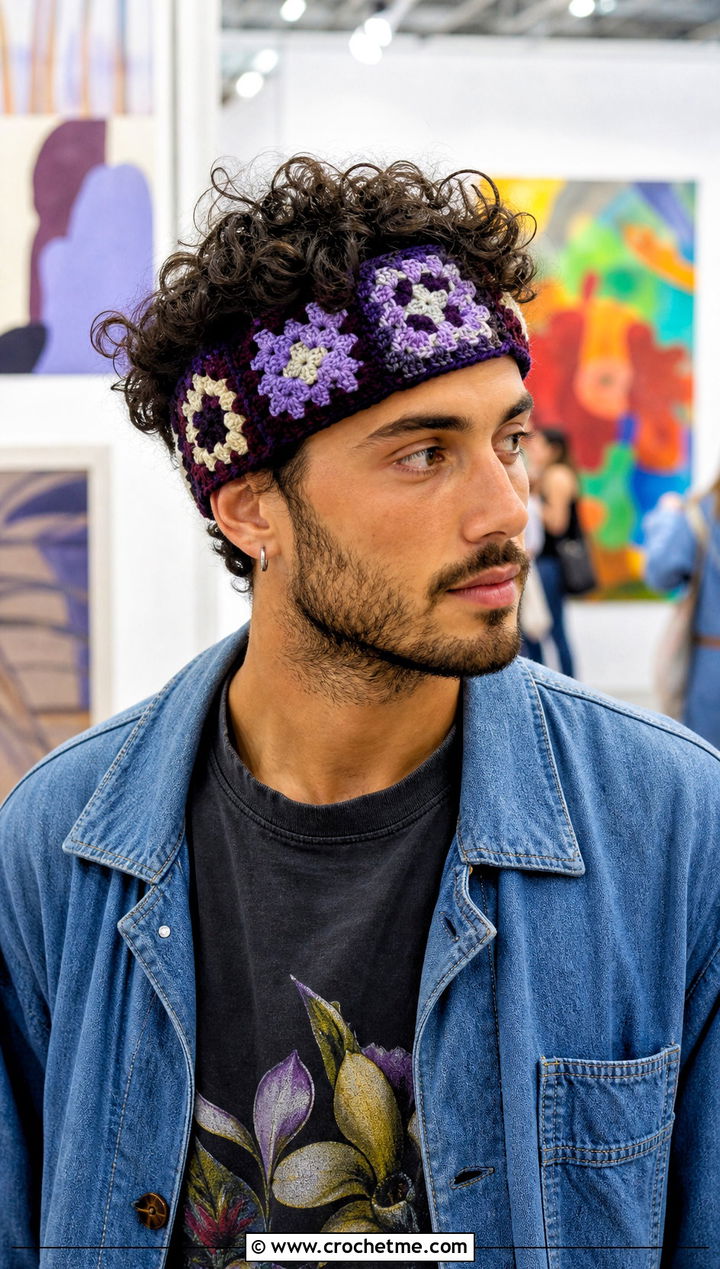 Granny Square Crochet Headband With Graphic Tee And Carpenter Jeans - 15 Crochet Headband For Men outfit ideas