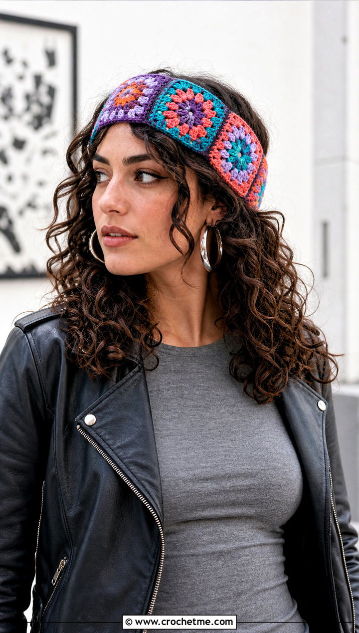 Granny Square Crochet Headband With Leather Jacket - 25 Easy Crocheted Headbands Ear Warmers outfit ideas