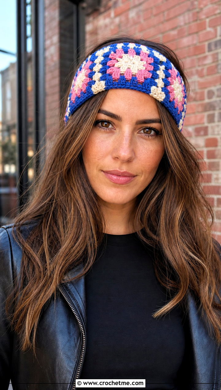 Granny Square Crochet Headband With Leather Jacket - 30 crochet fall headband outfit ideas