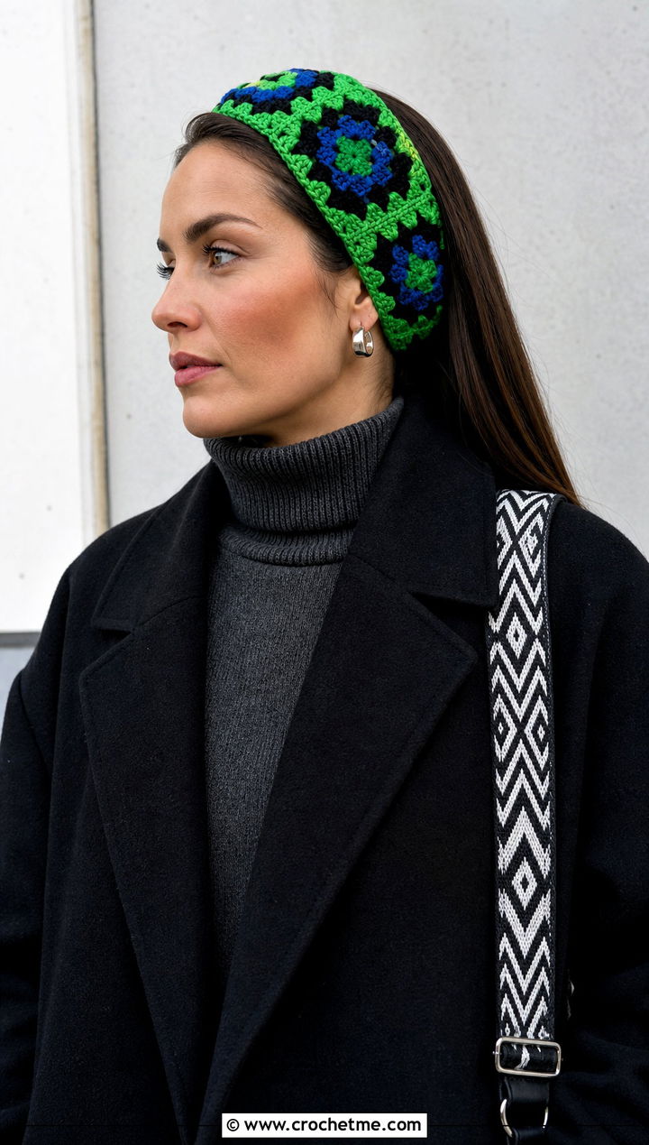 Granny Square Crochet Headband With Minimalist Outfit - 25 Easy Crochet Winter Headband outfit ideas