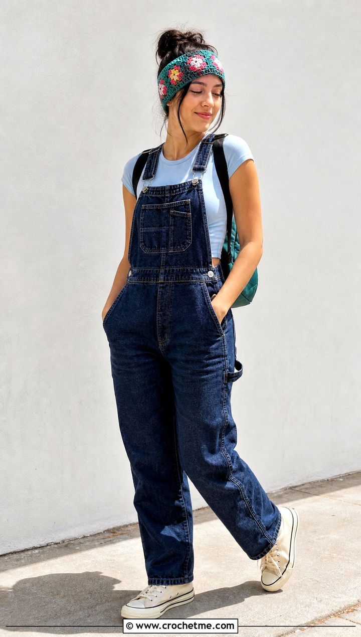 Granny Square Crochet Headband With Overalls - 35 simple crochet headband outfit ideas