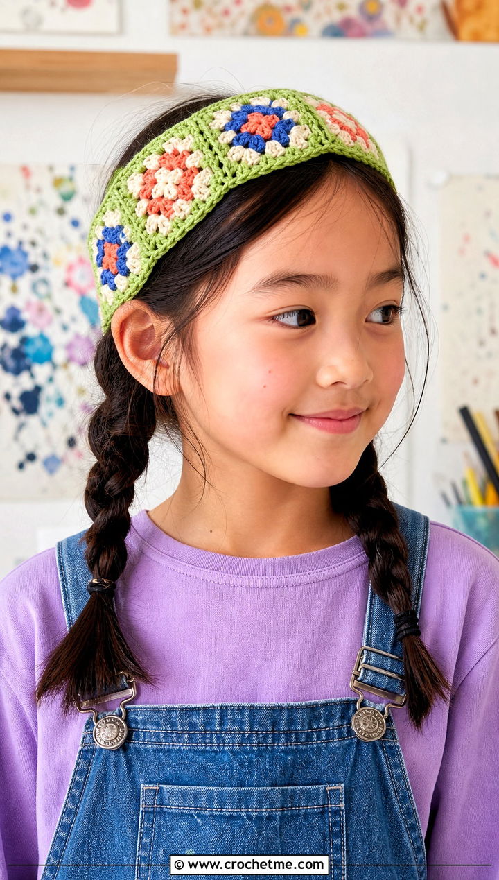 Granny Square Crochet Headband With Overalls - 15 Childrens Crochet Headband outfit ideas