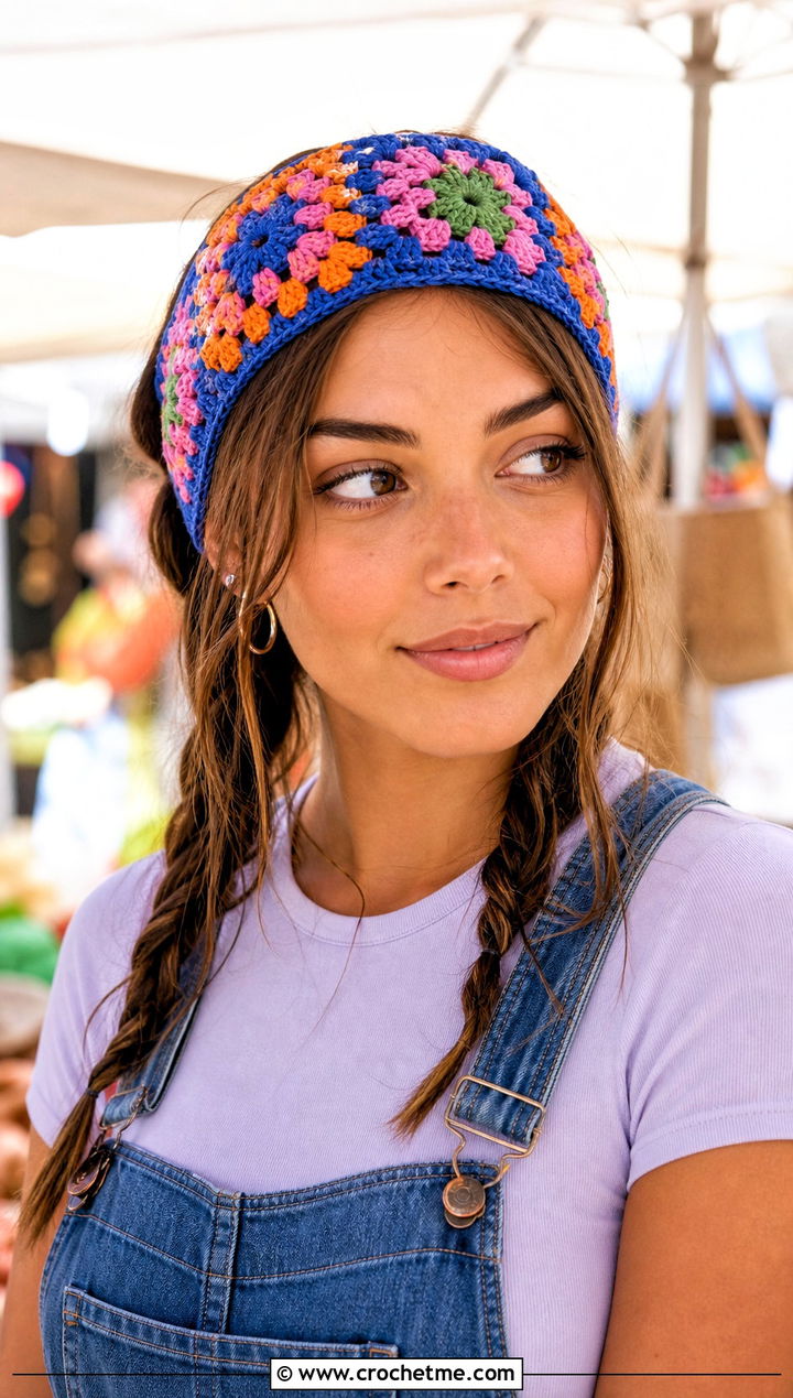 Granny Square Crochet Headband With Overalls - 30 crochet headband for women outfit ideas