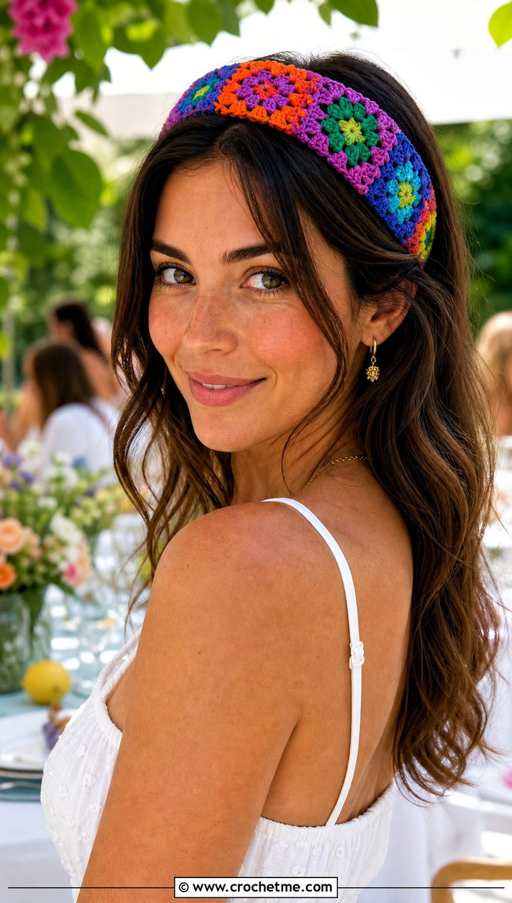 Granny Square Crochet Headband With White Sundress - 15 summer crochet headband outfit ideas