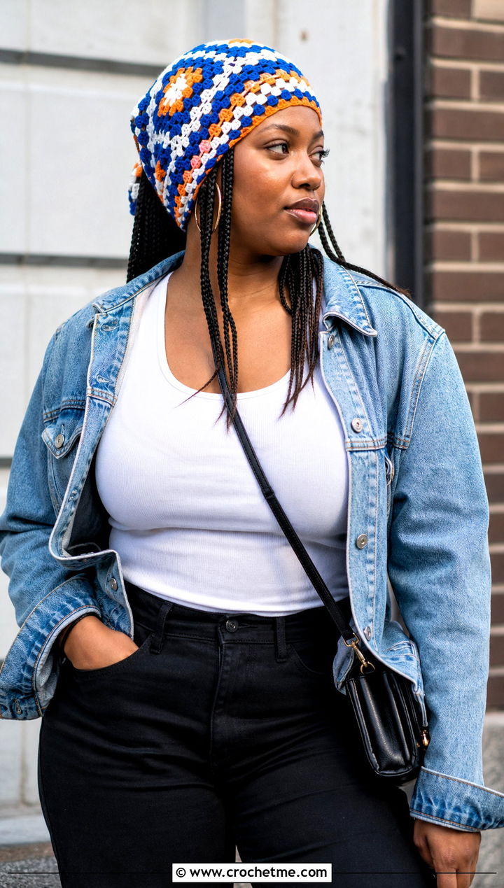 Granny Square Crochet Headwrap With Denim Jacket - 35 crochet headwrap outfit ideas