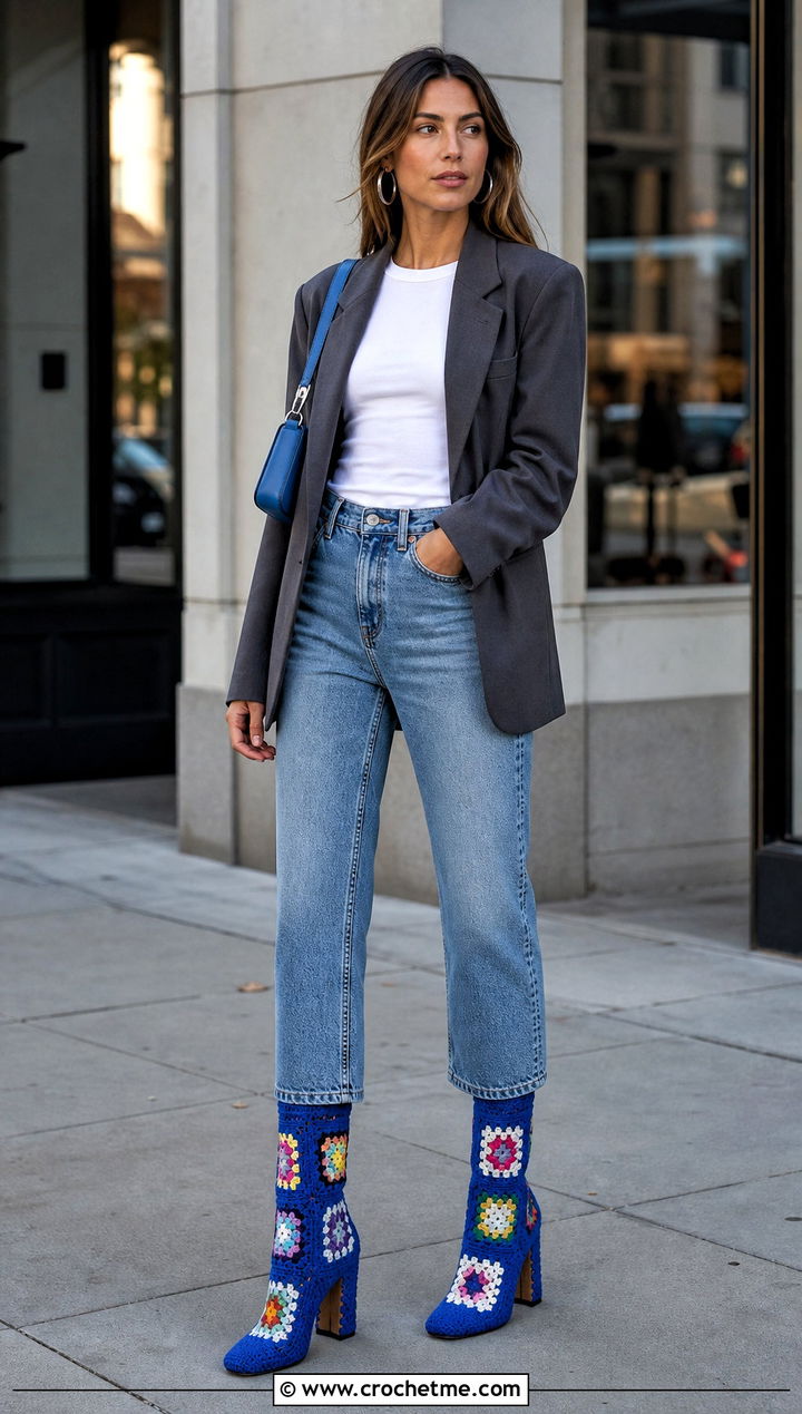 Granny Square Crochet High Heel Boots With Straight Leg Jeans - 15 Crochet High Heel Boots outfit ideas