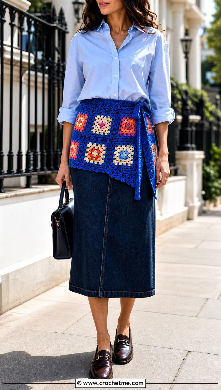 Granny Square Crochet Hip Scarf With Denim Midi Skirt - 30 Crochet Hip Scarf outfit ideas
