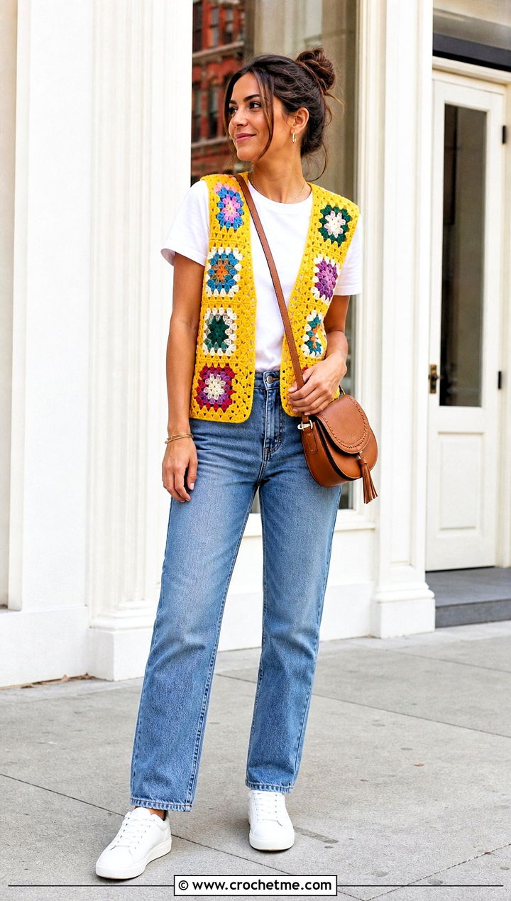 Granny Square Crochet Hippie Vest With Straight Jeans - 25 crochet hippie vest outfit ideas