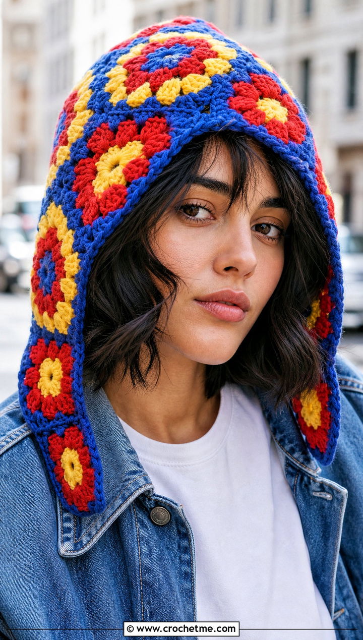 Granny Square Crochet Hood Hat With Denim Jacket - 25 crochet hood hat outfit ideas