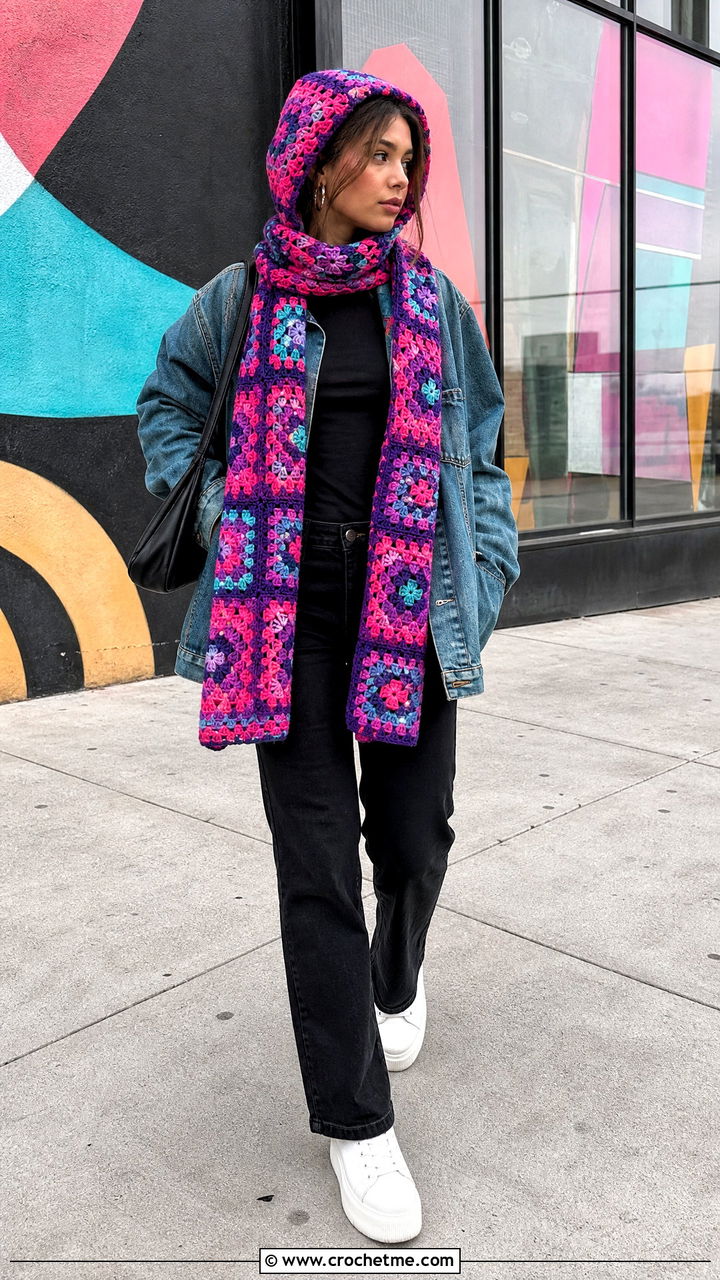 Granny Square Crochet Hood Scarf With Denim Jacket - 35 crochet hood scarf outfit ideas