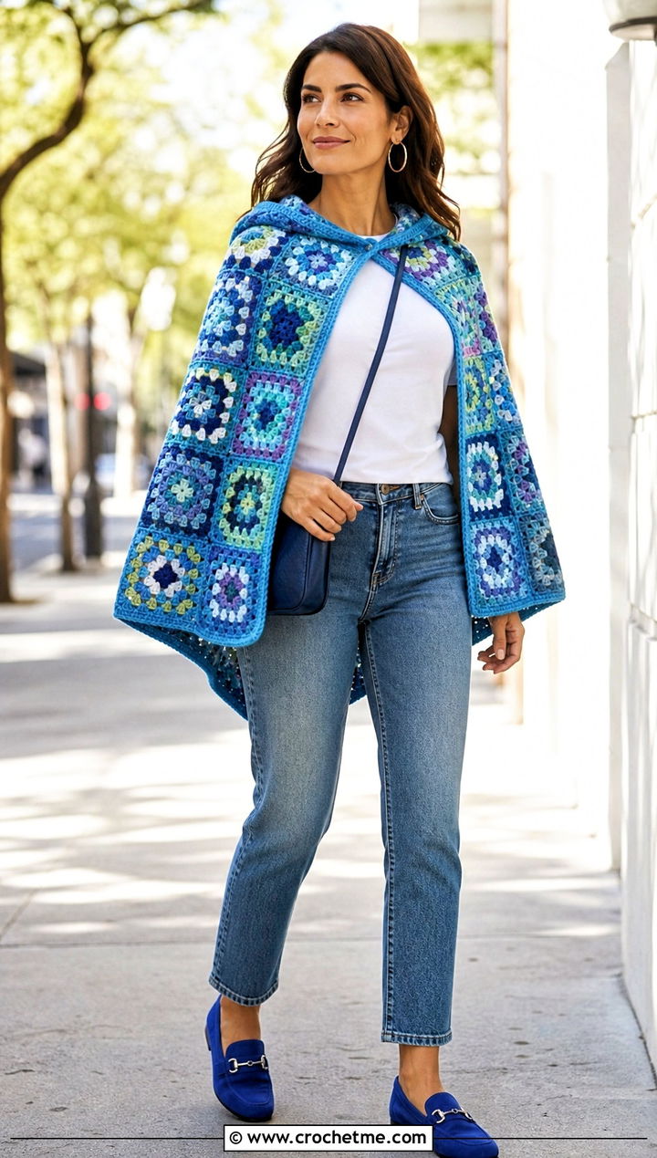 Granny Square Crochet Hooded Cape With Straight Leg Jeans - 35 crochet hooded cape outfit ideas