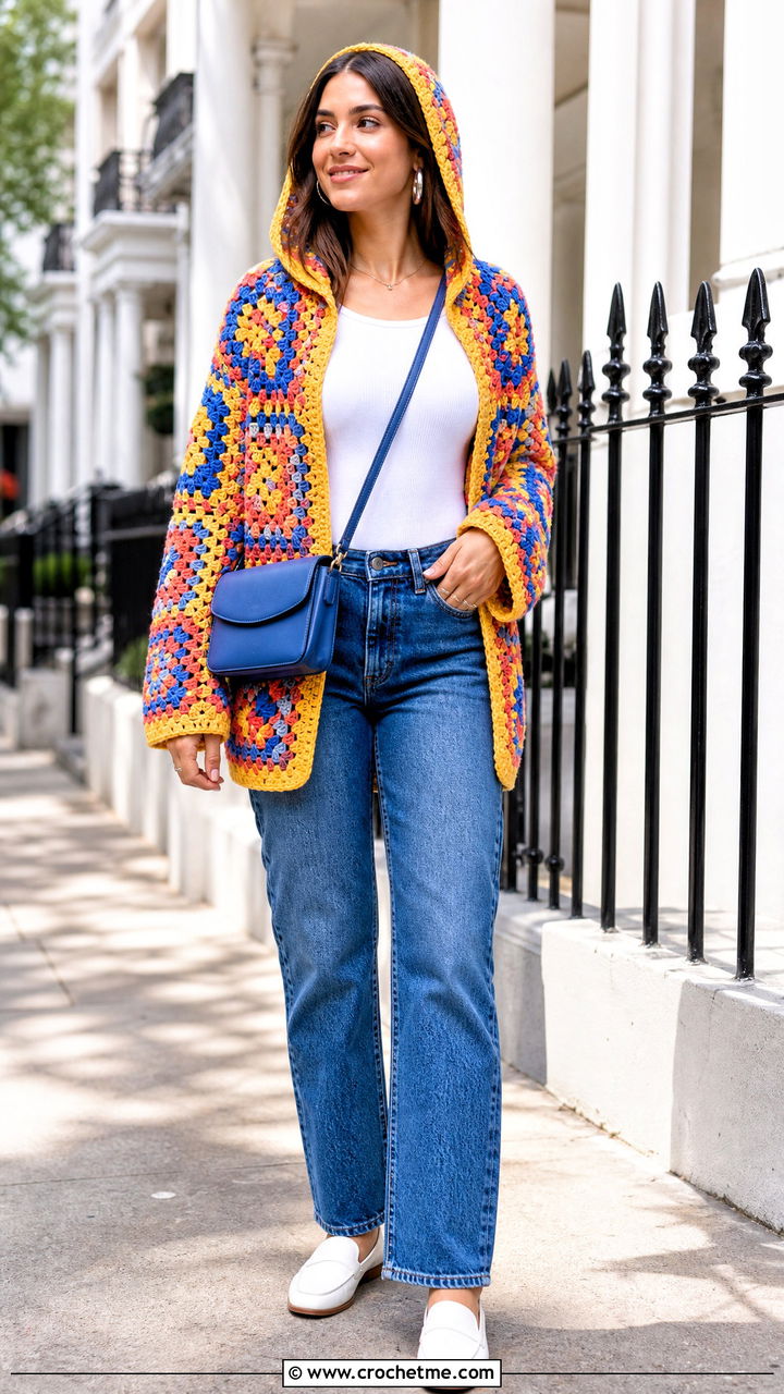 Granny Square Crochet Hooded Cardigan With Straight Leg Jeans - 35 crochet hooded cardigan outfit ideas