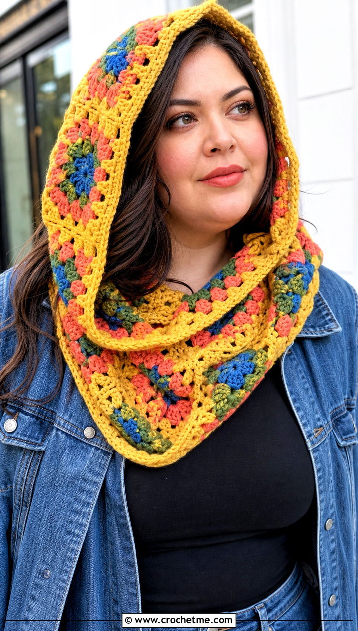 Granny Square Crochet Hooded Cowl With Denim Jacket - 30 easy crochet hooded cowl outfit ideas