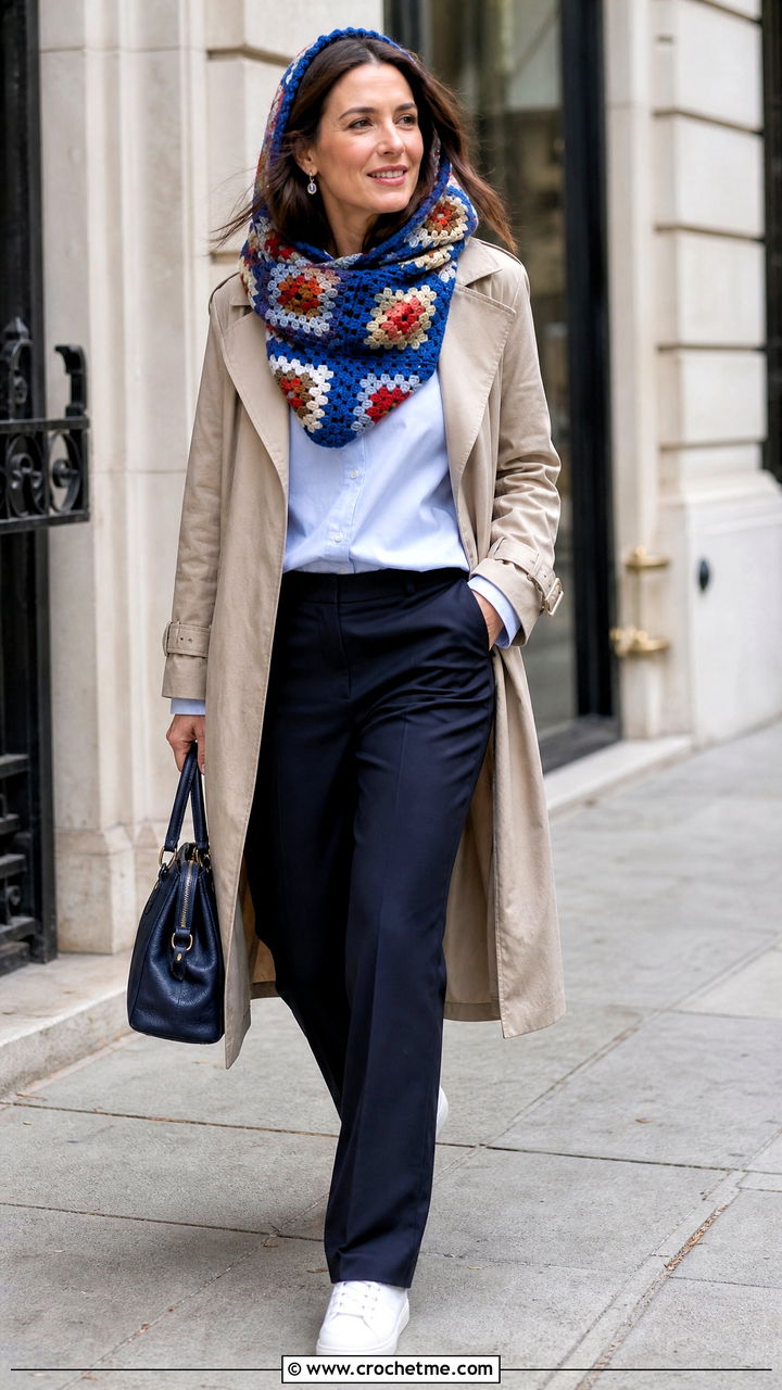 Granny Square Crochet Hooded Cowl With Trench Coat - 35 crochet hooded cowl outfit ideas