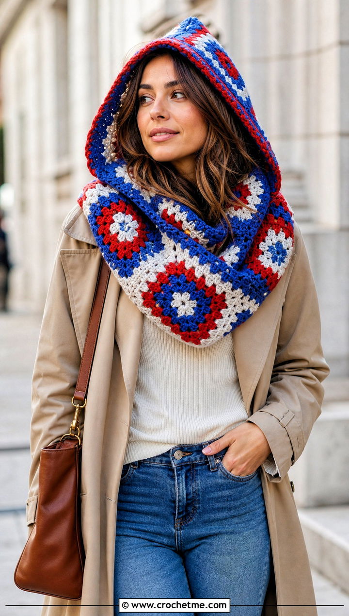 Granny Square Crochet Hooded Infinity Scarf With Trench Coat - 15 crochet infinity scarf with hood outfit ideas