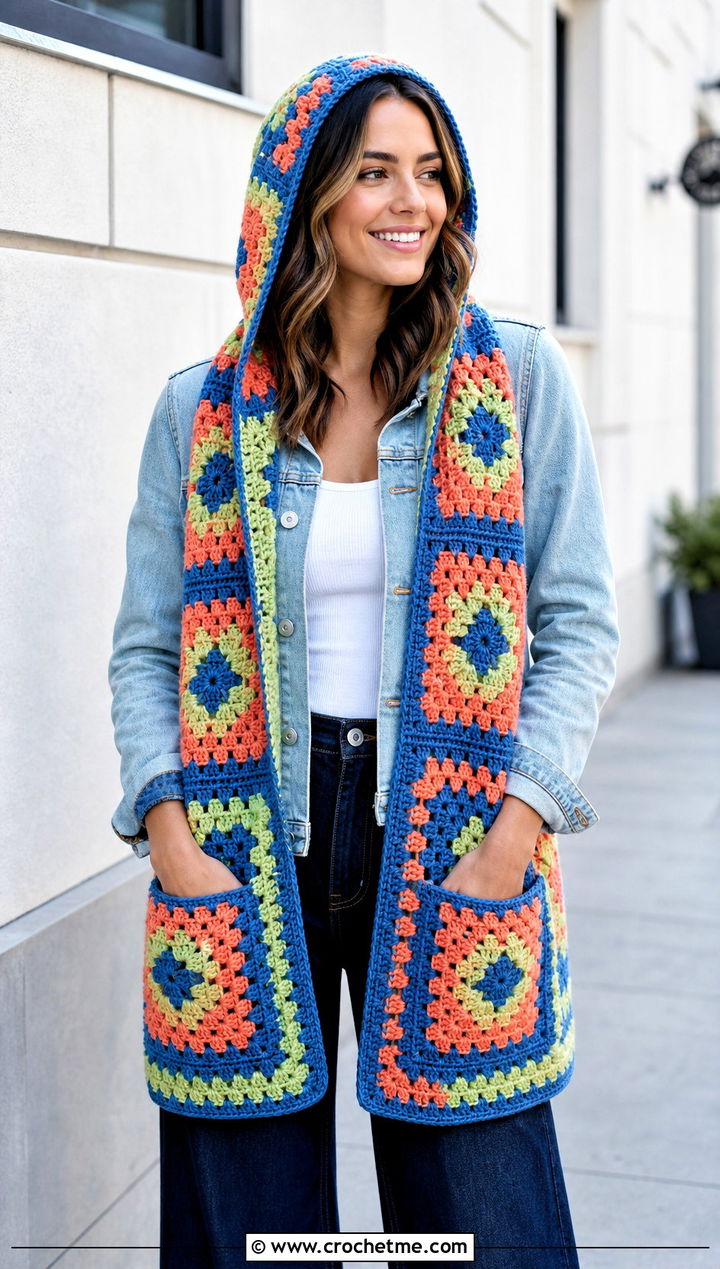 Granny Square Crochet Hooded Pocket Scarf With Denim Jacket - 25 crochet hooded pocket scarf outfit ideas