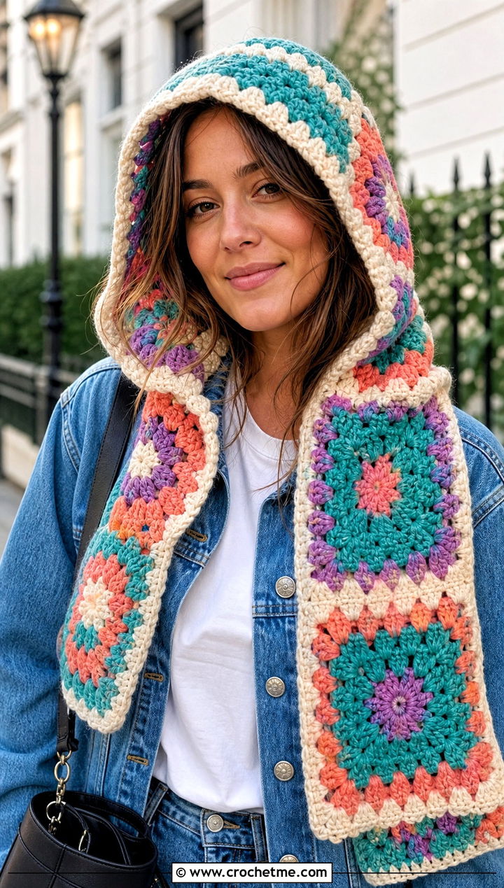 Granny Square Crochet Hooded Scarf With Denim Jacket Outfit - 30 crochet scarf with hood outfit ideas