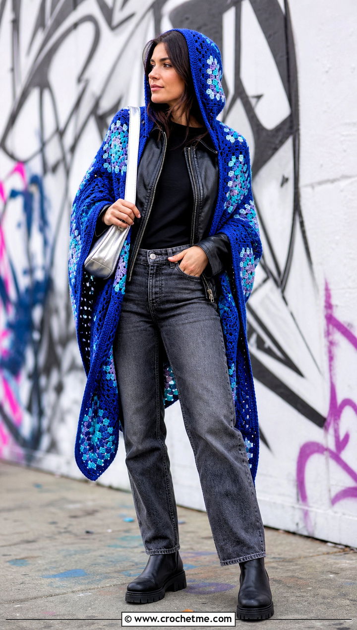 Granny Square Crochet Hooded Shawl With Black Leather Jacket - 35 crochet hooded shawl outfit ideas