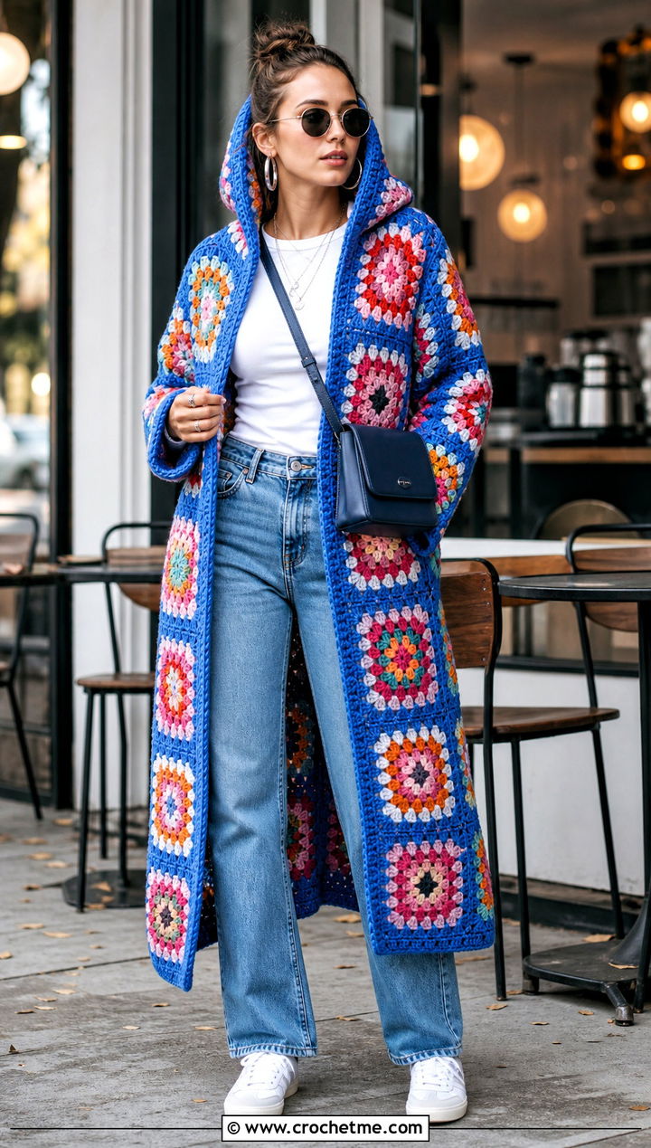 Granny Square Crochet Hoodie Blanket With Straight Leg Jeans - 25 crochet hoodie blanket outfit ideas