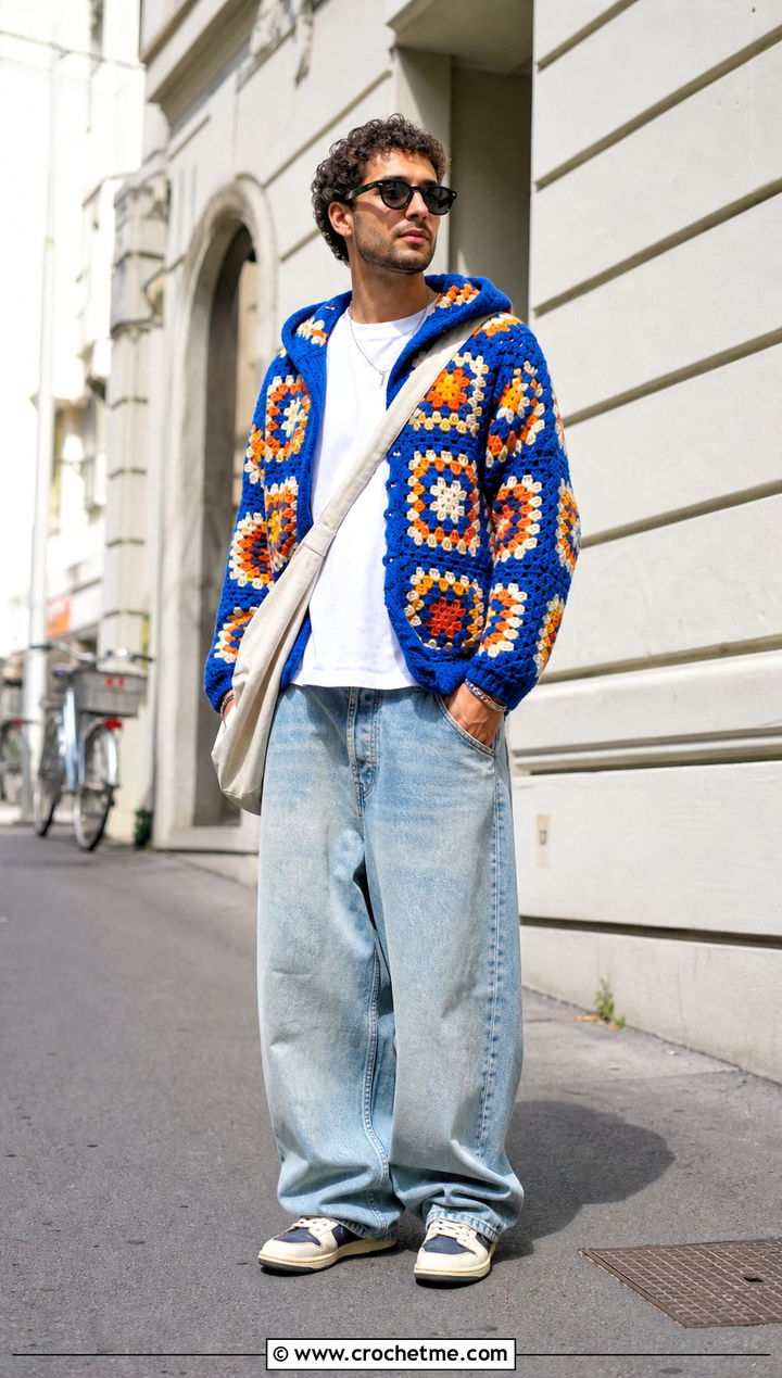 Granny Square Crochet Hoodie With Baggy Jeans - 30 Crochet Hoodies For Men outfit ideas