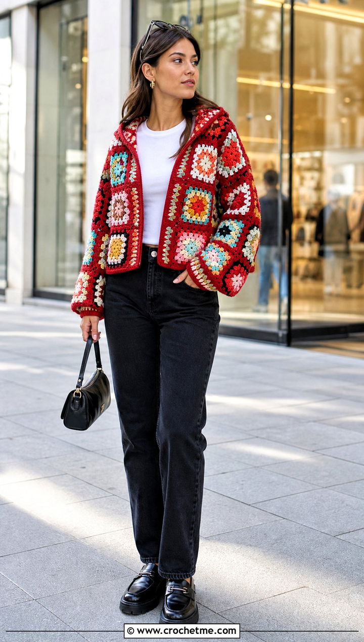 Granny Square Crochet Hoodie With Black Jeans - 25 Easy Crochet Hoodie outfit ideas