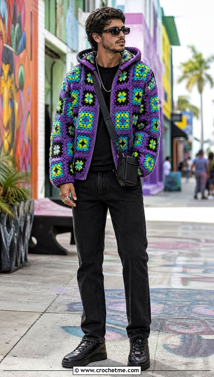 Granny Square Crochet Hoodie With Black Jeans - 35 crochet hoodie for men outfit ideas
