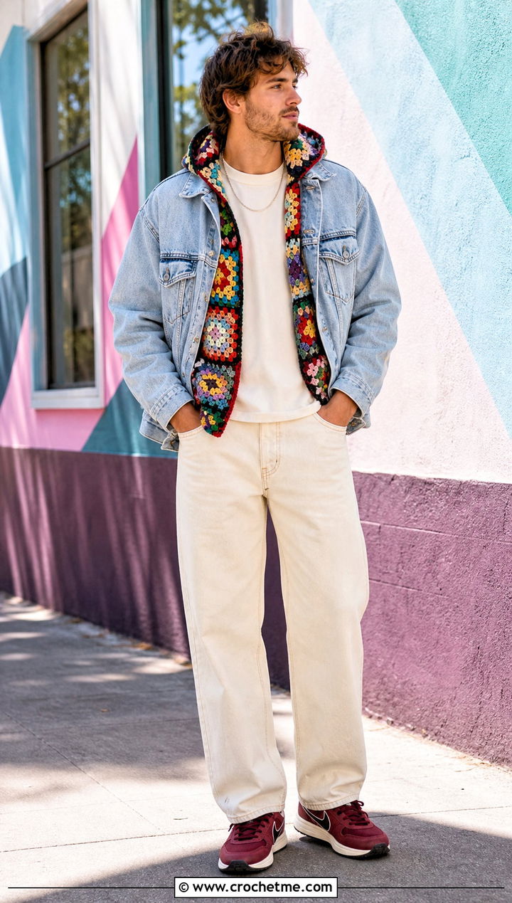 Granny Square Crochet Hoodie With Denim Jacket And Ecru Jeans - 25 Crochet Hoodie Men outfit ideas