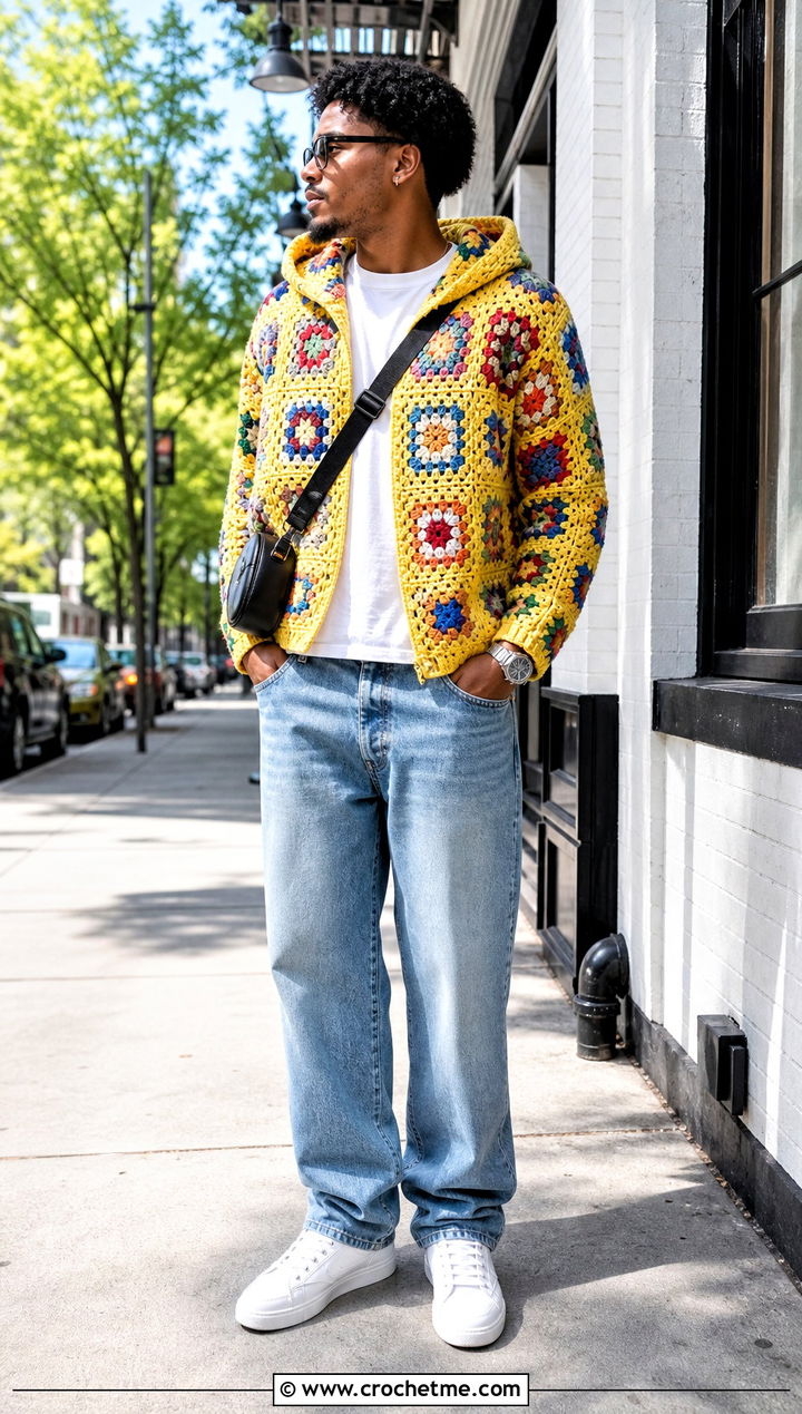 Granny Square Crochet Hoodie With Straight Leg Jeans - 30 crochet mens hoodie outfit ideas