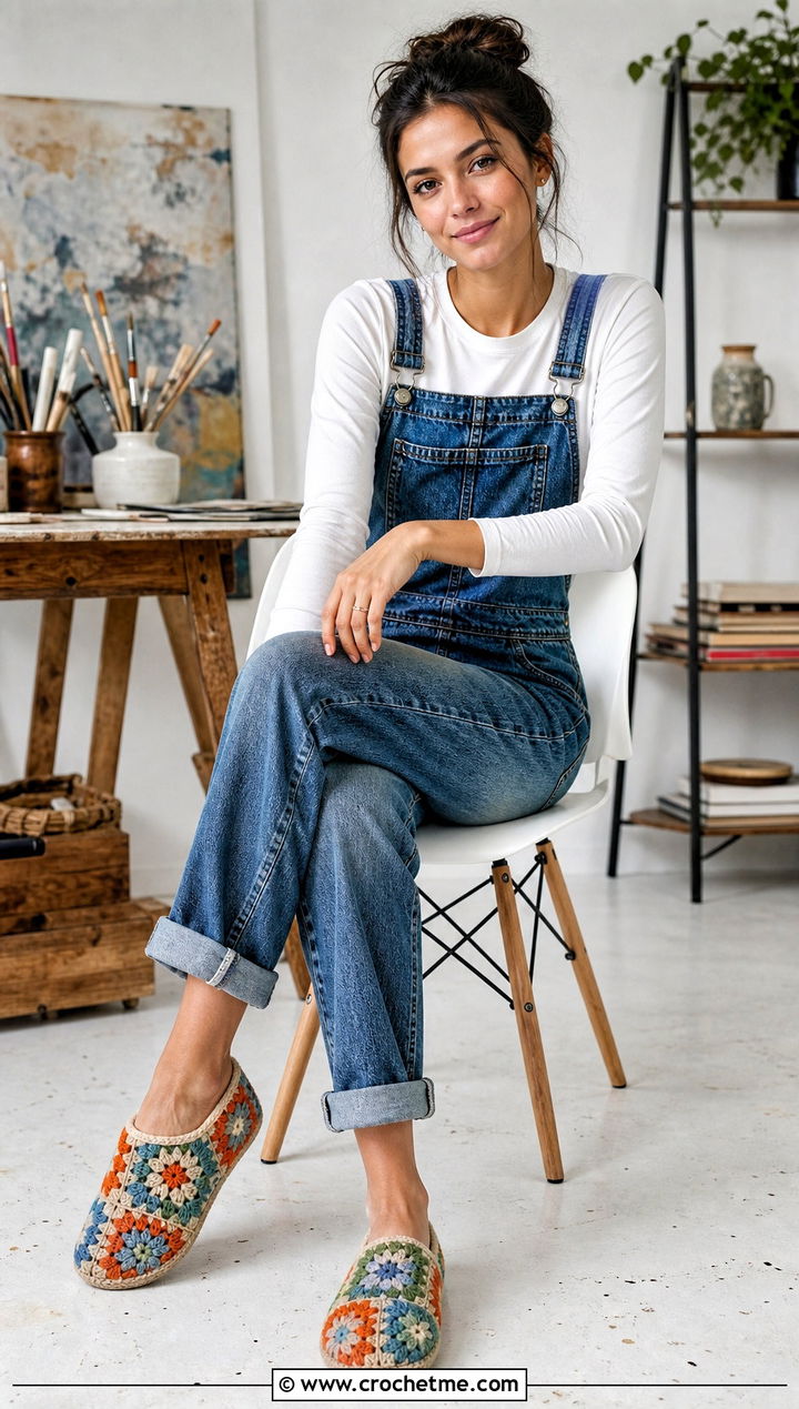 Granny Square Crochet House Shoes With Denim Overalls - 25 crochet house shoes outfit ideas