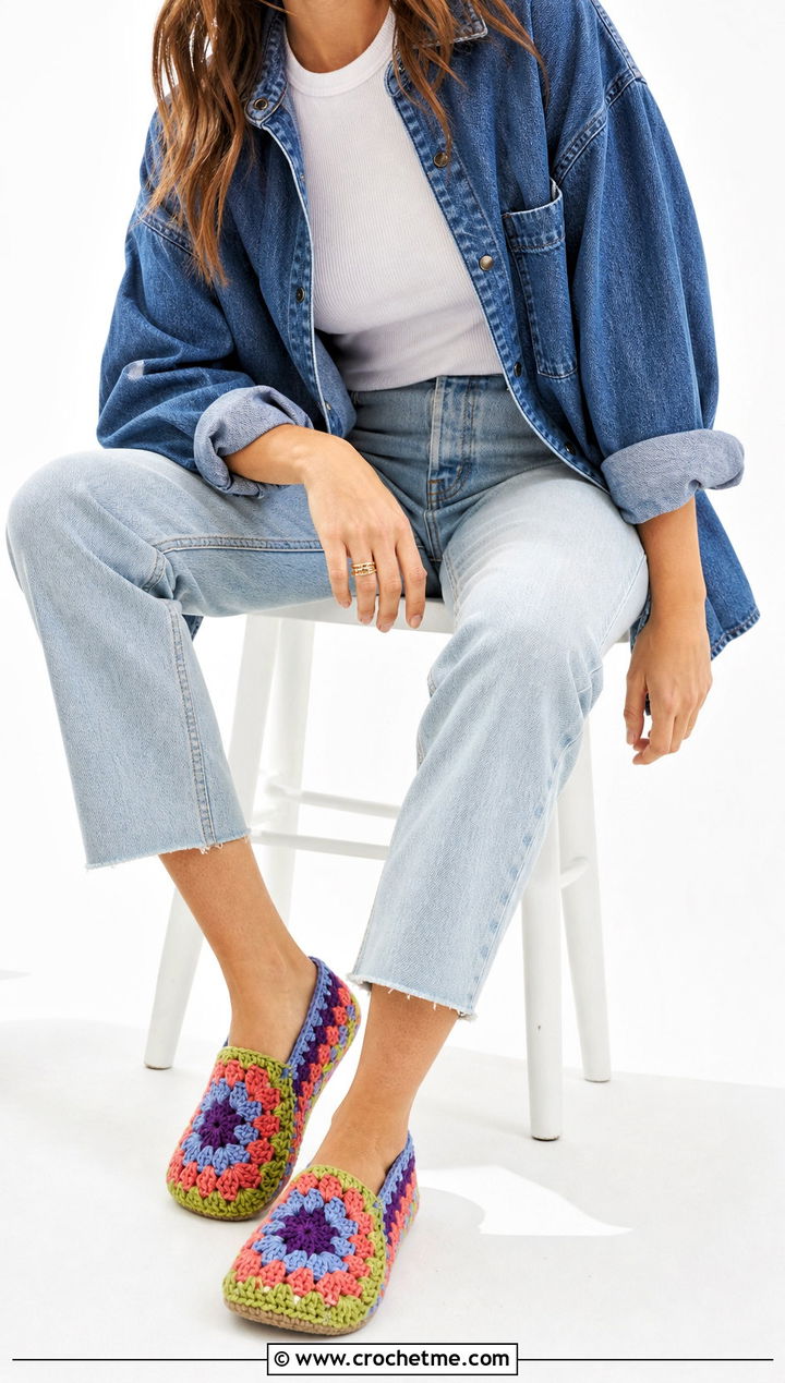 Granny Square Crochet House Slippers With Denim Lounge Set - 15 Easy Crochet House Slippers Stephanie Zed outfit ideas