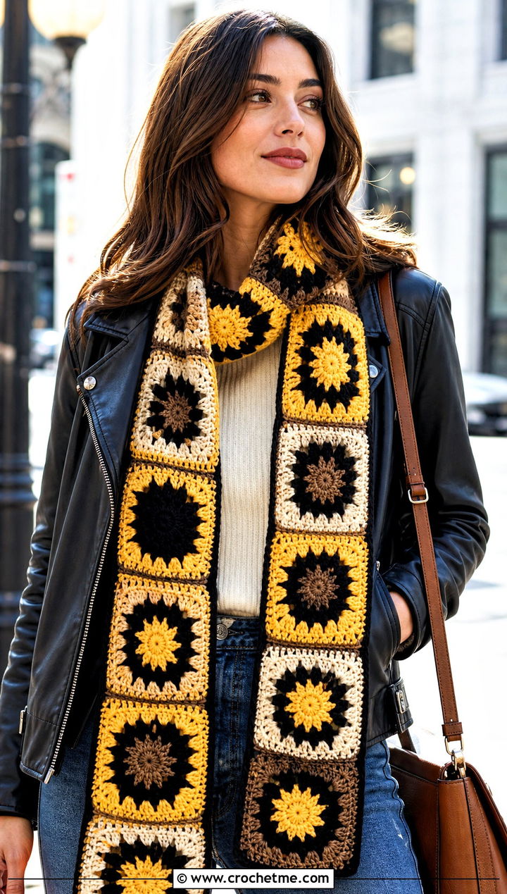 Granny Square Crochet Hufflepuff Scarf With Leather Jacket - 30 crochet hufflepuff scarf outfit ideas