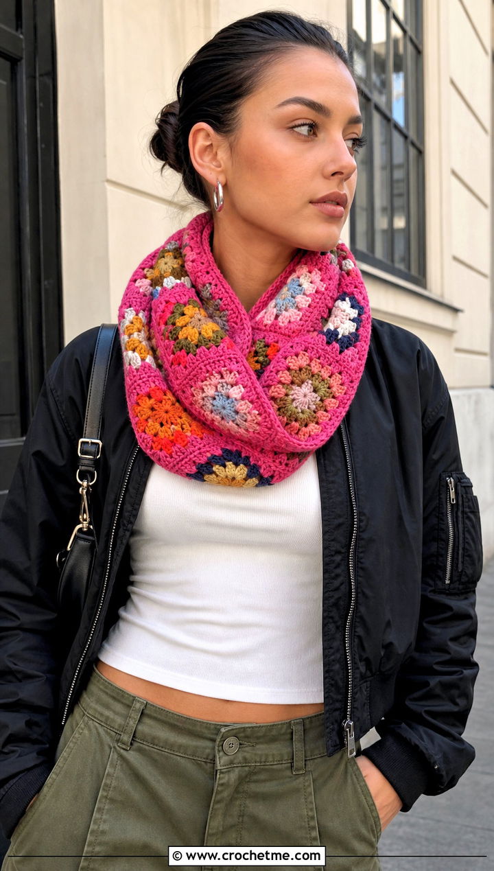 Granny Square Crochet Infinity Scarf With Cargo Pants - 20 Crochet Loop Scarf outfit ideas