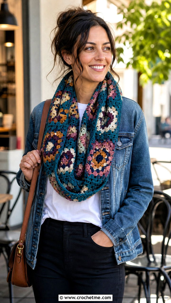 Granny Square Crochet Infinity Scarf With Denim Jacket - 25 infinite crochet scarf outfit ideas