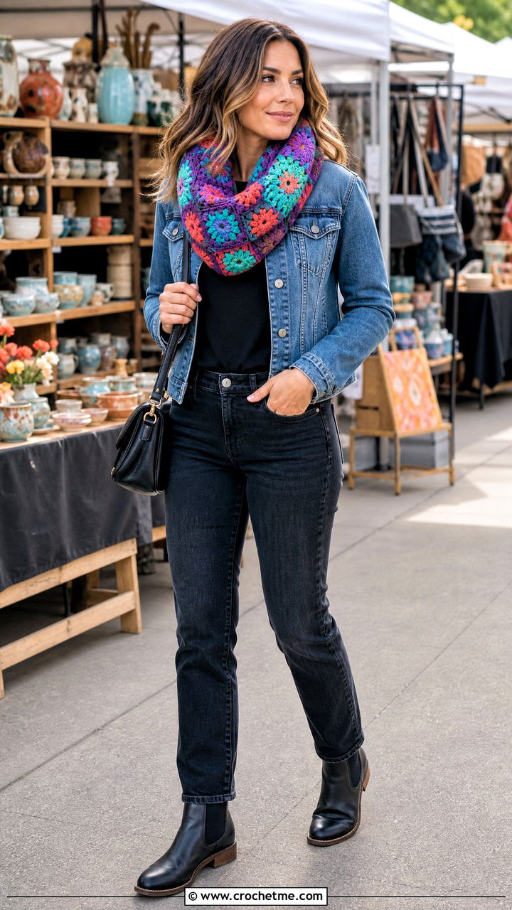 Granny Square Crochet Infinity Scarf With Denim Jacket - 35 crochet infinity scarf outfit ideas