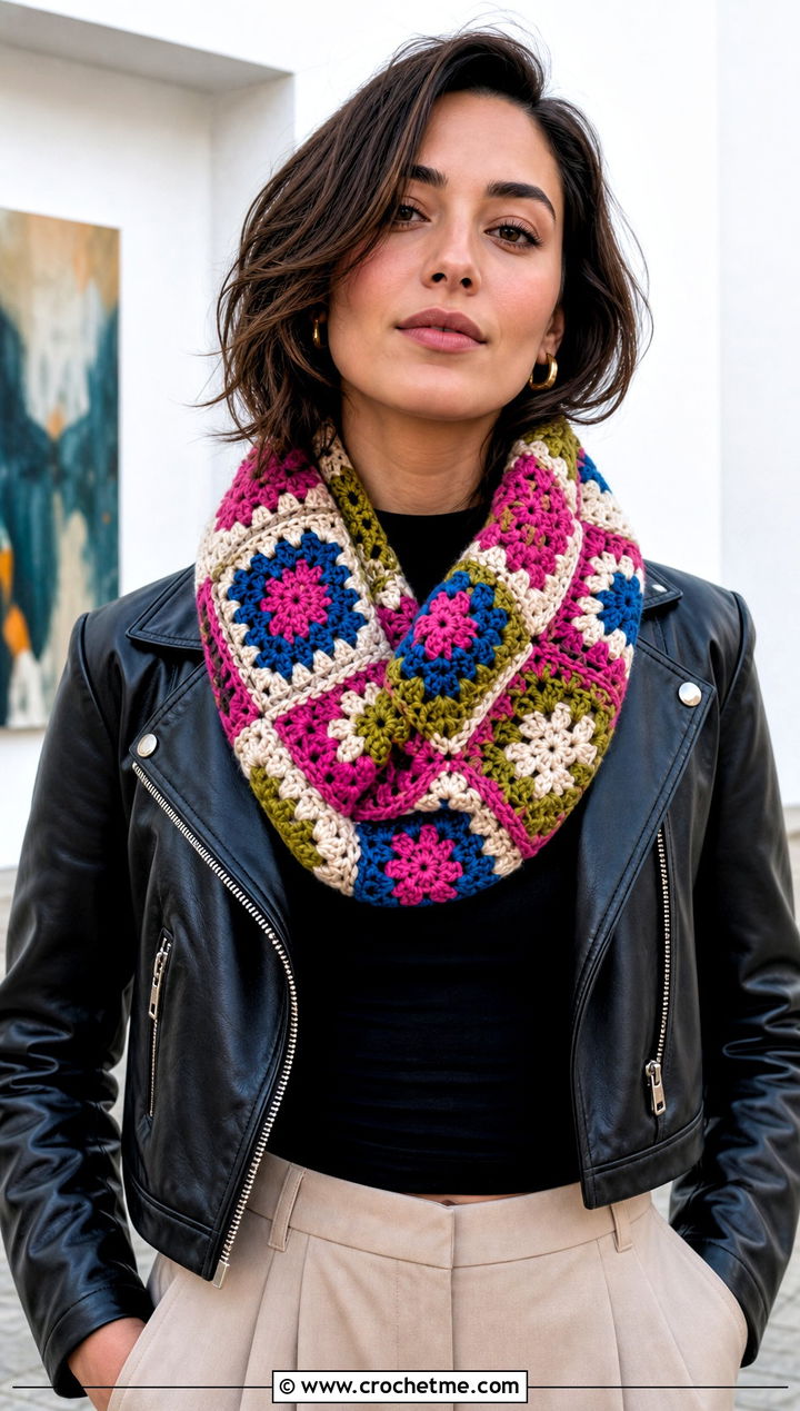 Granny Square Crochet Infinity Scarf With Leather Jacket And Trousers - 15 Oversized Crochet Infinity Scarf outfit ideas