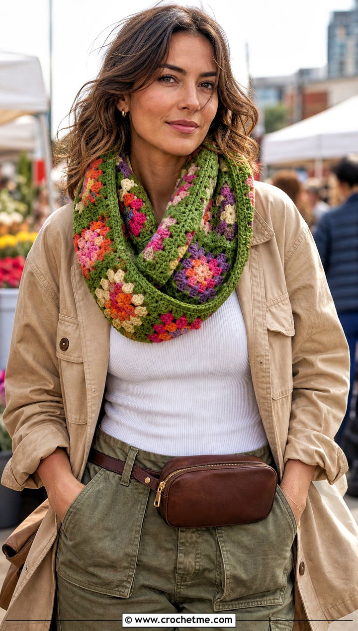 Granny Square Crochet Infinity Scarf With Utility Jacket - 30 crochet infinity scarves outfit ideas