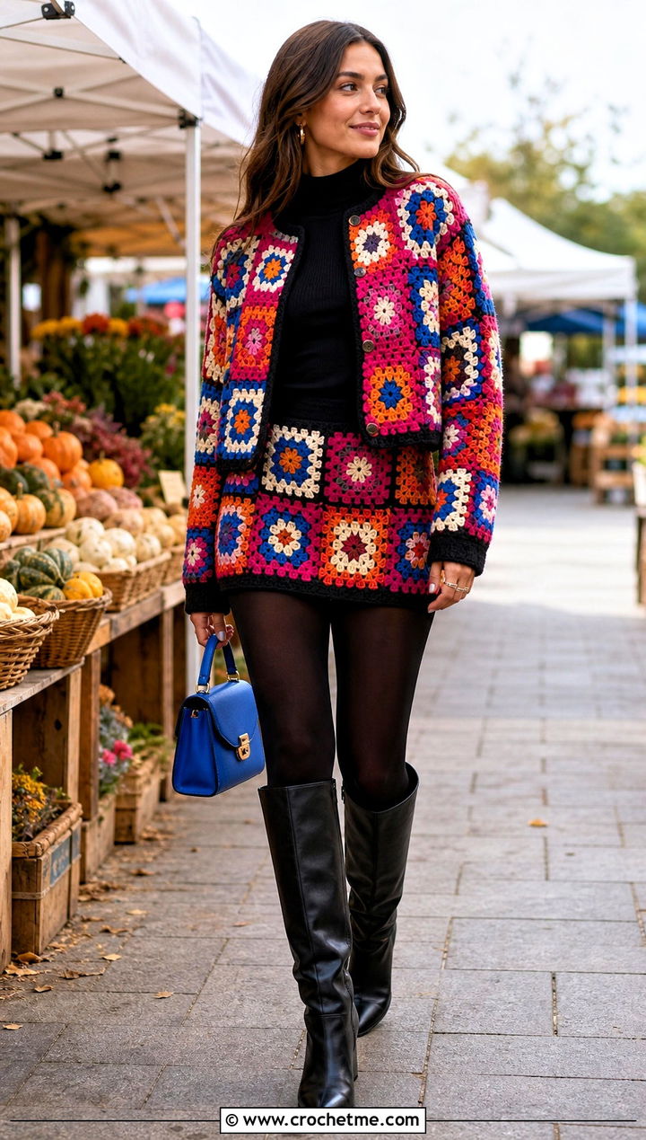 Granny Square Crochet Jacket And Mini Skirt Set With Tall Boots - 15 Autumn Crochet Clothing Set outfit ideas