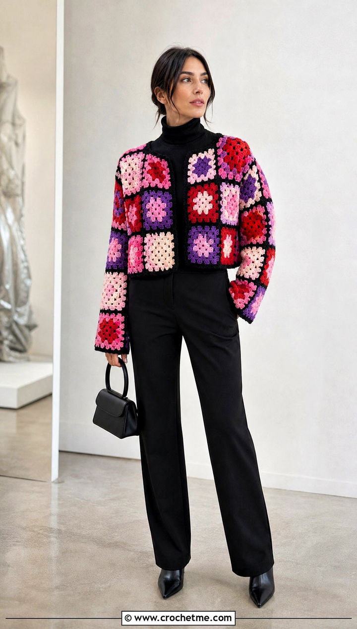 Granny Square Crochet Jacket With Black Trousers - 30 crochet winter jacket outfit ideas
