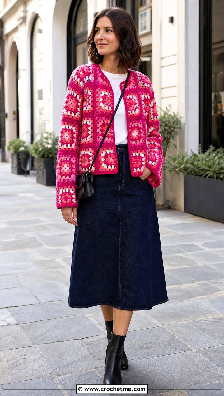 Granny Square Crochet Jacket With Denim Midi Skirt - 15 beginner crochet jacket ideas