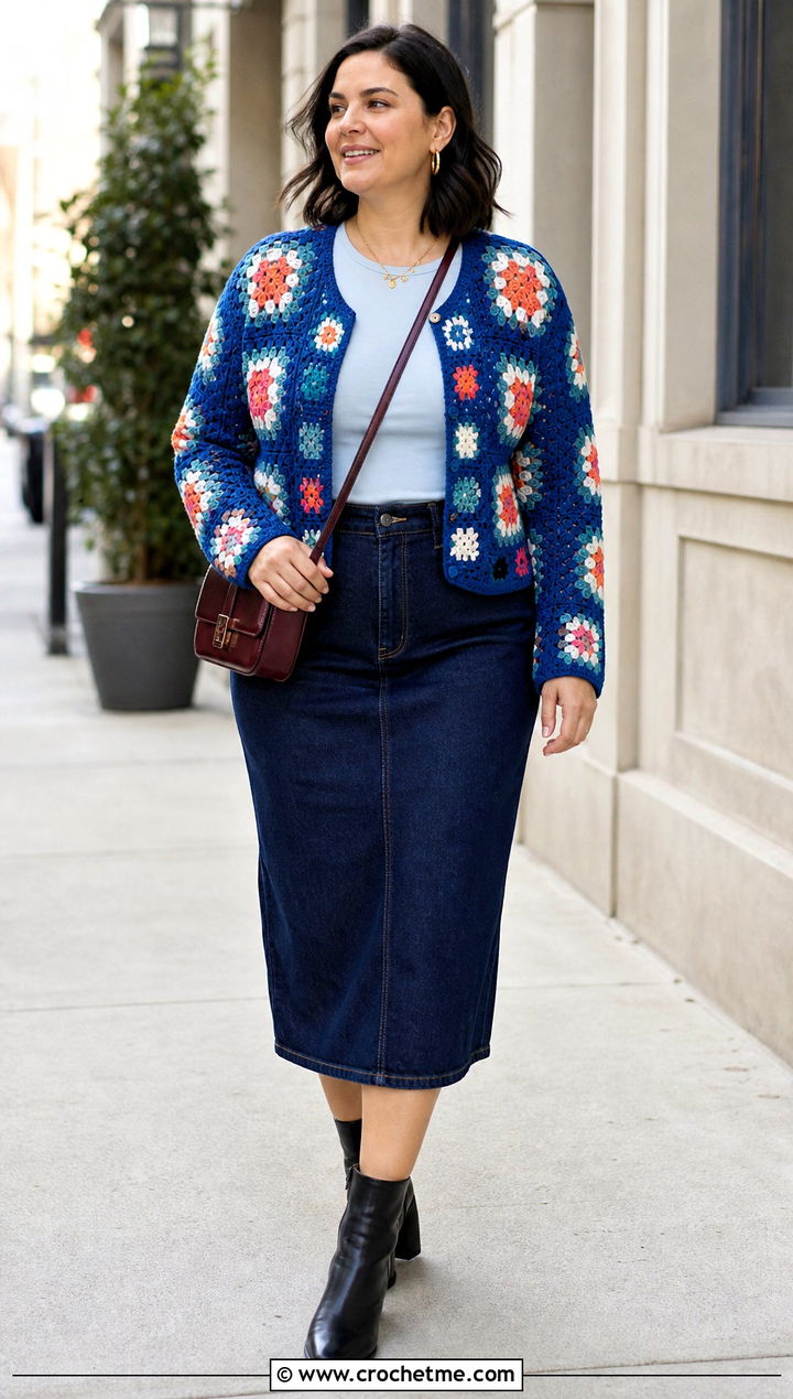 Granny Square Crochet Jacket With Denim Skirt - 35 crocheted jacket outfit ideas